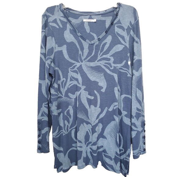 Chico's Cotton Blend Blue Abstract Print Button-Accent V-Neck Tunic Size 2 Large - Picture 1 of 7
